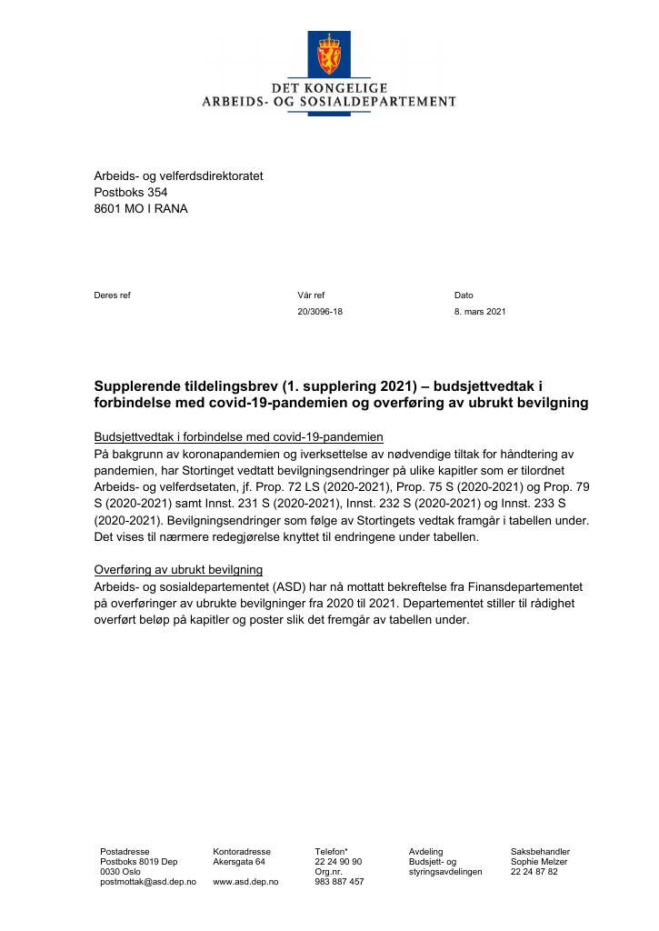 Forsiden av dokumentet Tildelingsbrev Arbeids- og velferdsdirektoratet 2021 - tillegg nr. 1 til nr. 4