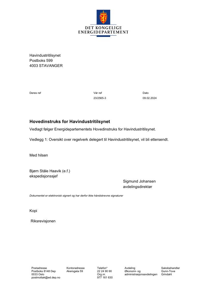Forsiden av dokumentet Hovedinstruks for Havindustritilsynet