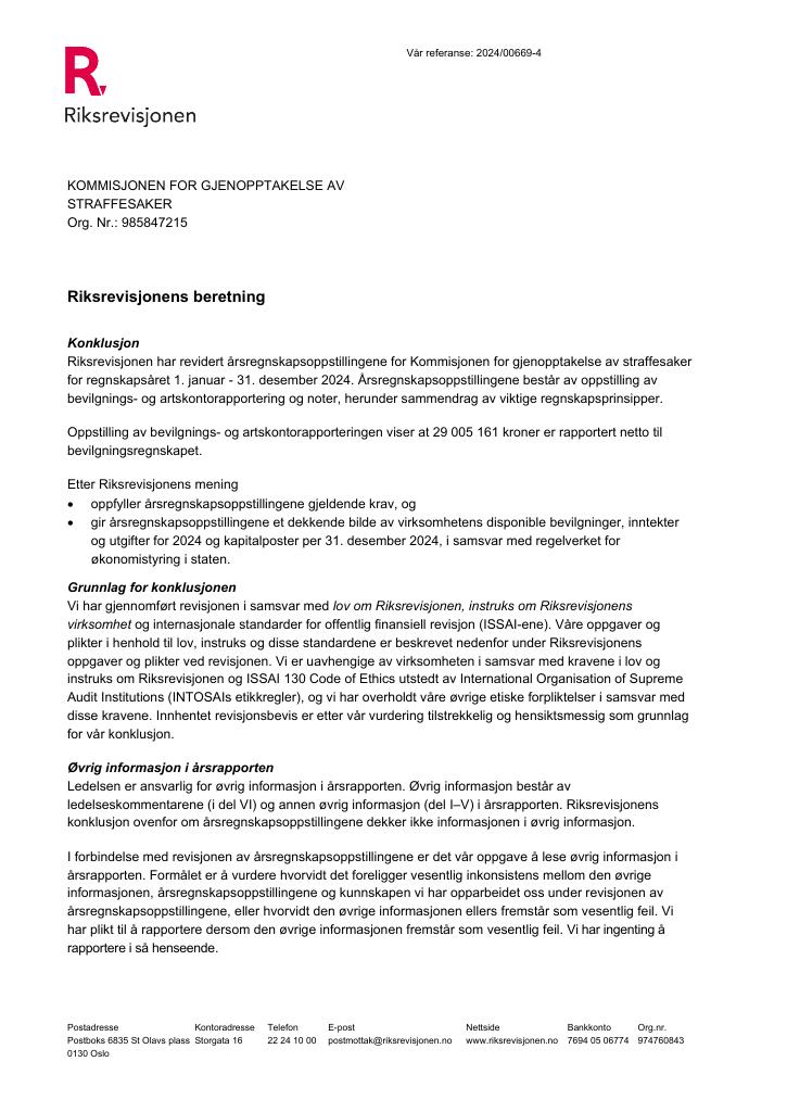 Forsiden av dokumentet Revisjonsberetning Kommisjonen for gjenopptakelse av straffesaker 2024