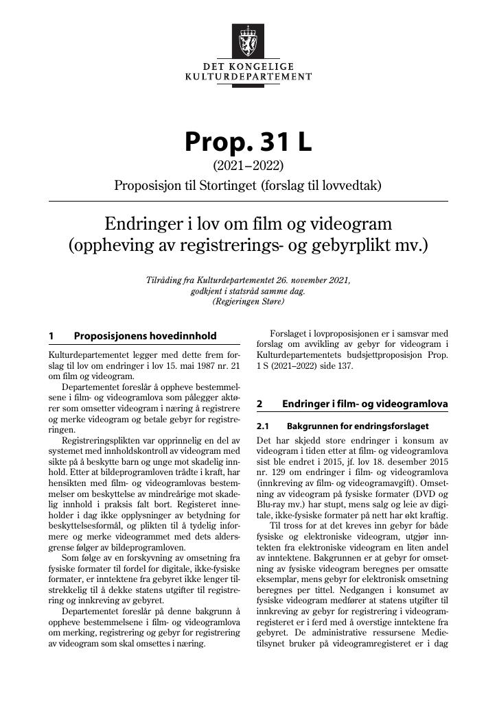 Forsiden av dokumentet Prop. 31 L (2021–2022)