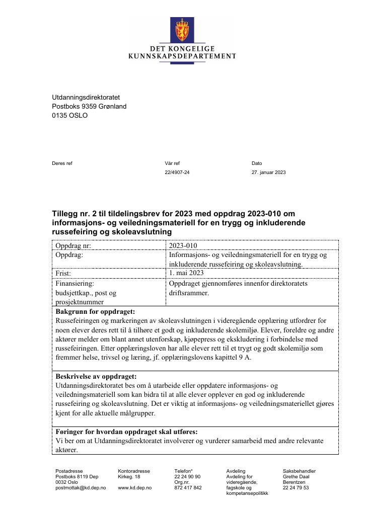 Forsiden av dokumentet Tildelingsbrev Utdanningsdirektoratet 2023 - tillegg nr. 2