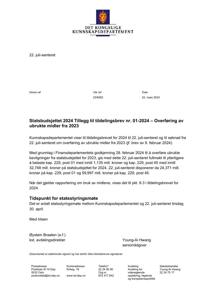 Forsiden av dokumentet Tillegg til tildelingsbrev 2024