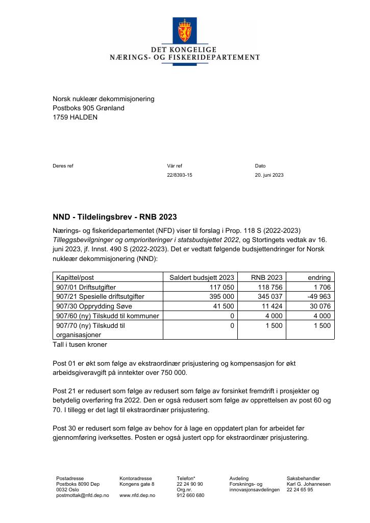 Forsiden av dokumentet Tildelingsbrev Norsk nukleær dekommisjonering 2023