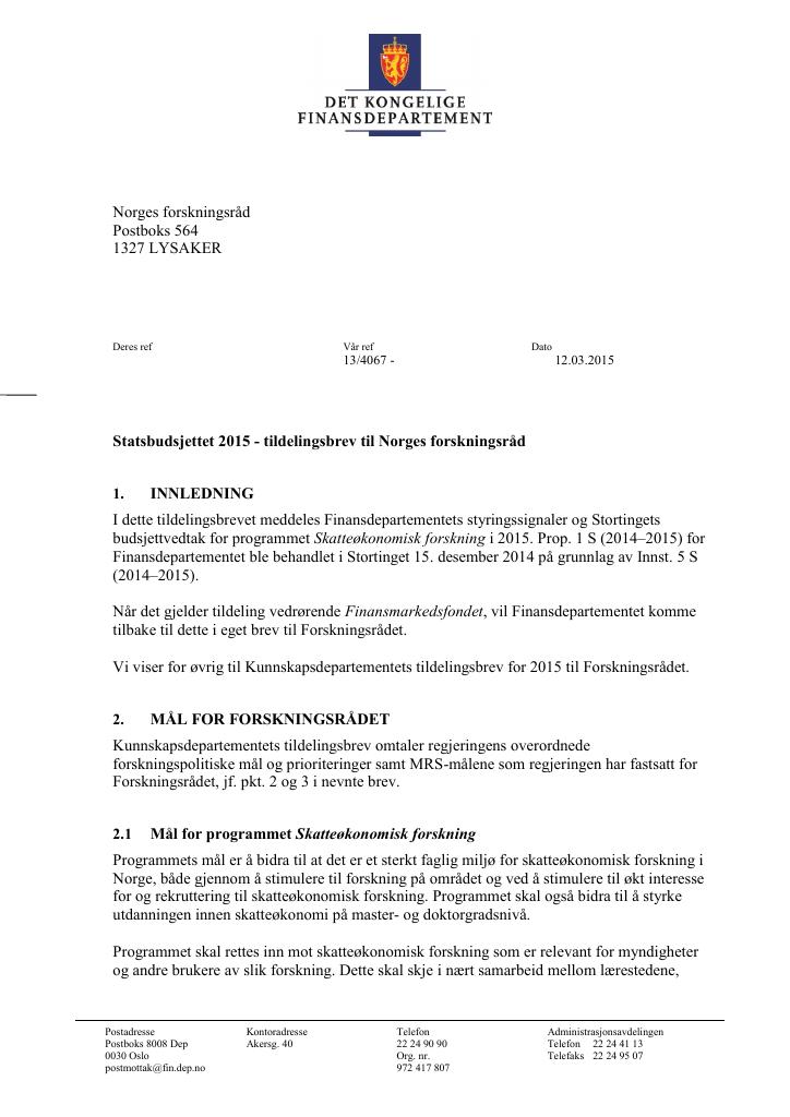 Forsiden av dokumentet Tildelingsbrev (pdf)