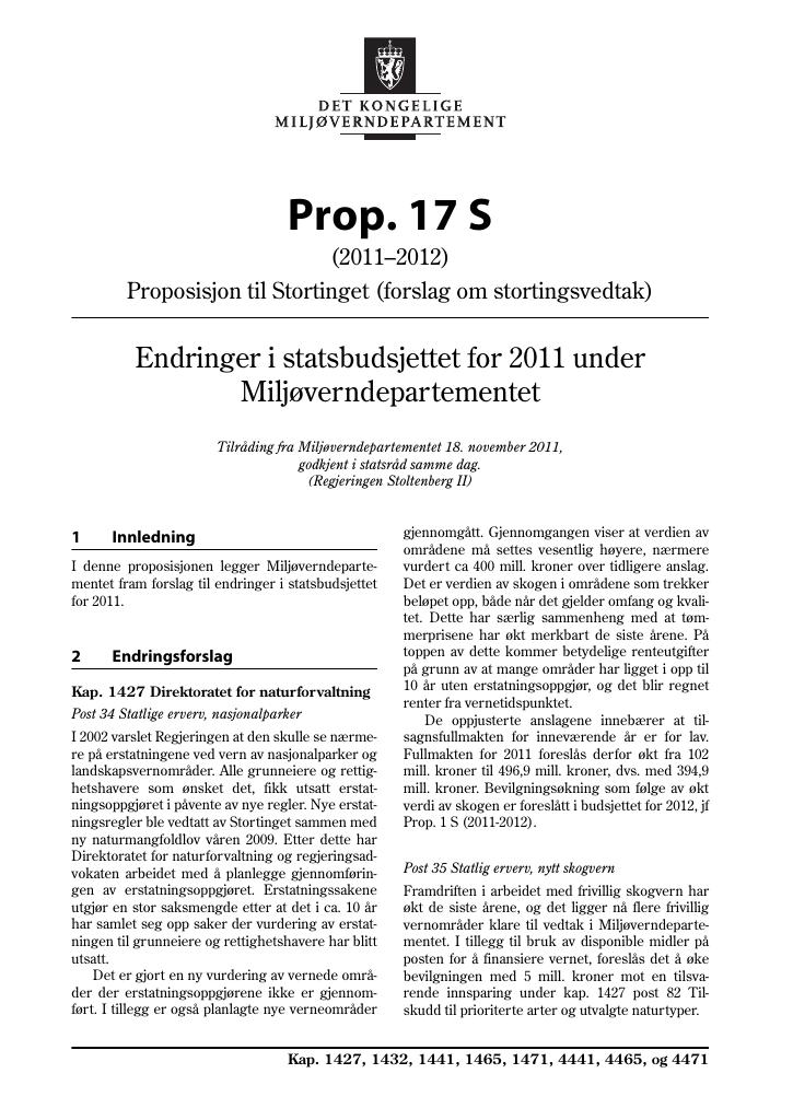 Forsiden av dokumentet Prop. 17 S (2011–2012)