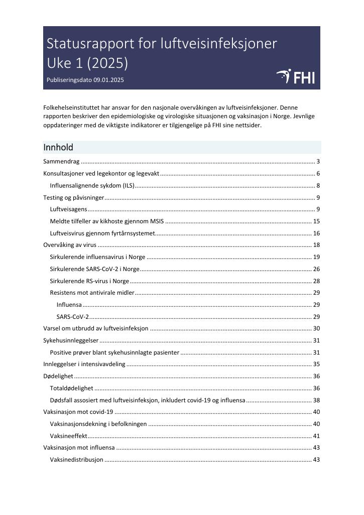 Forsiden av dokumentet Statusrapport for luftveisinfeksjoner Uke 1 (2025)