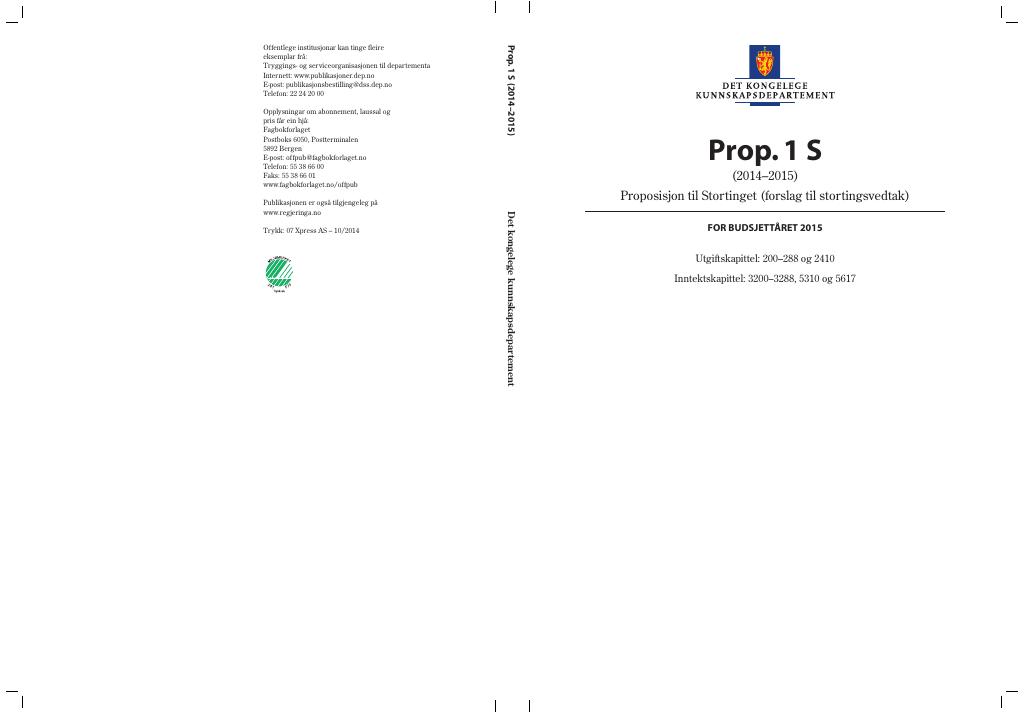 Forsiden av dokumentet Prop. 1 S (2014–2015)