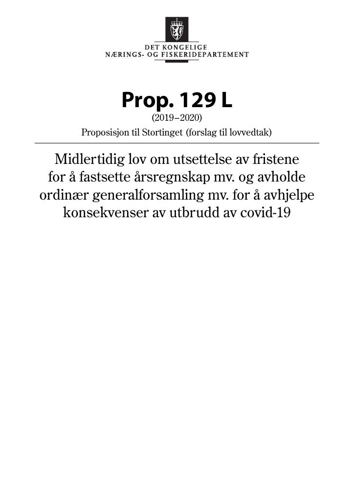 Forsiden av dokumentet Prop. 129 L (2019–2020)