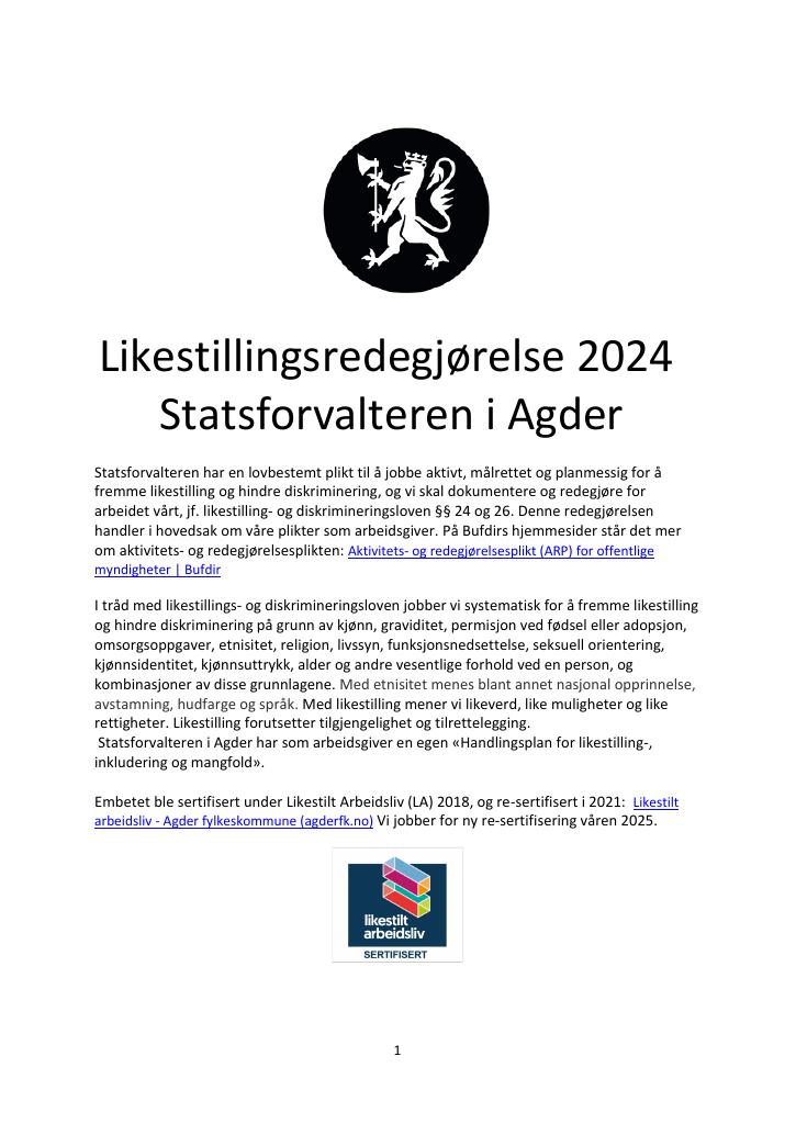 Forsiden av dokumentet Likestillingsredegjørelse Statsforvalteren i Agder 2024