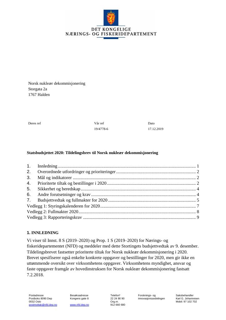 Forsiden av dokumentet Statsbudsjettet 2020: Tildelingsbrev Norsk nukleær dekommisjonering