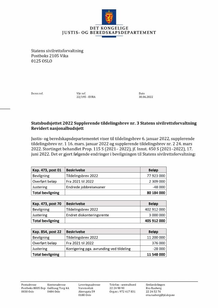 Forsiden av dokumentet Tildelingsbrev Statens sivilrettsforvaltning 2022 - tillegg nr. 3