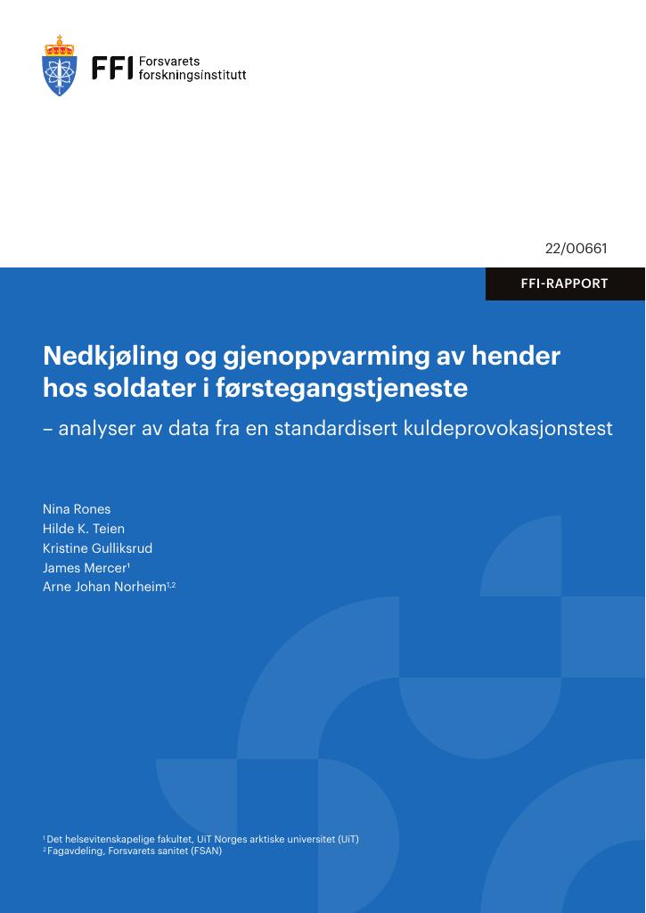 Forsiden av dokumentet Nedkjøling og gjenoppvarming av hender hos soldater i førstegangstjeneste : analyser av data fra en standardisert kuldeprovokasjonstest