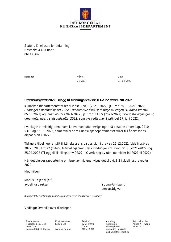 Tildelingsbrev Lånekassen 2022 - Tillegg Nr. 3 - Kudos