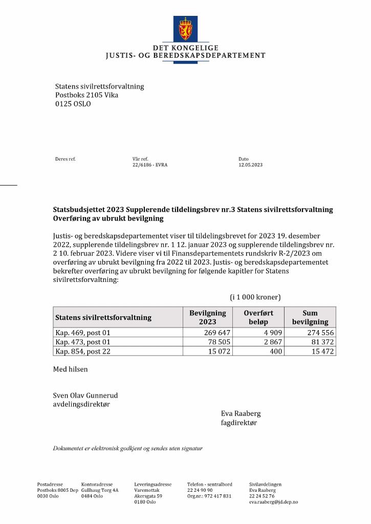 Forsiden av dokumentet Tildelingsbrev Statens sivilrettsforvaltning 2023 - tillegg nr. 3