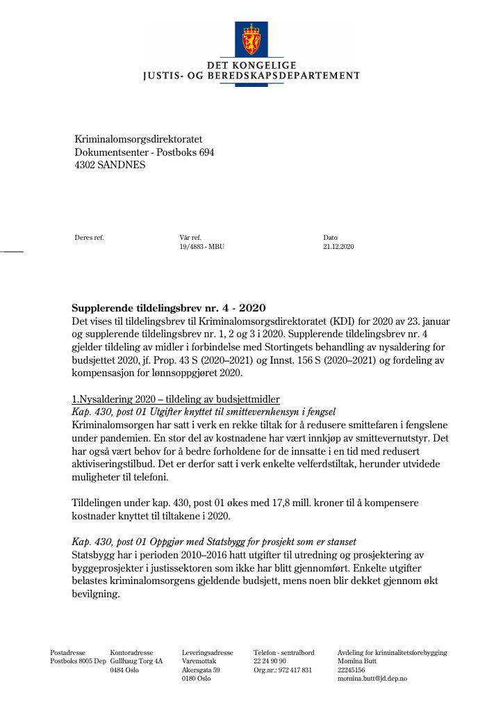 Forsiden av dokumentet Tildelingsbrev Kriminalomsorgsdirektoratet 2020 - tillegg nr. 4