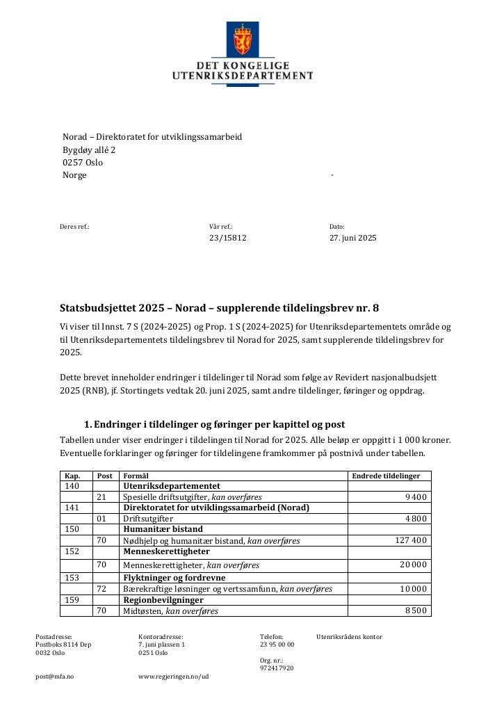 Forsiden av dokumentet Tildelingsbrev Norad 2025 - tillegg nr. 8