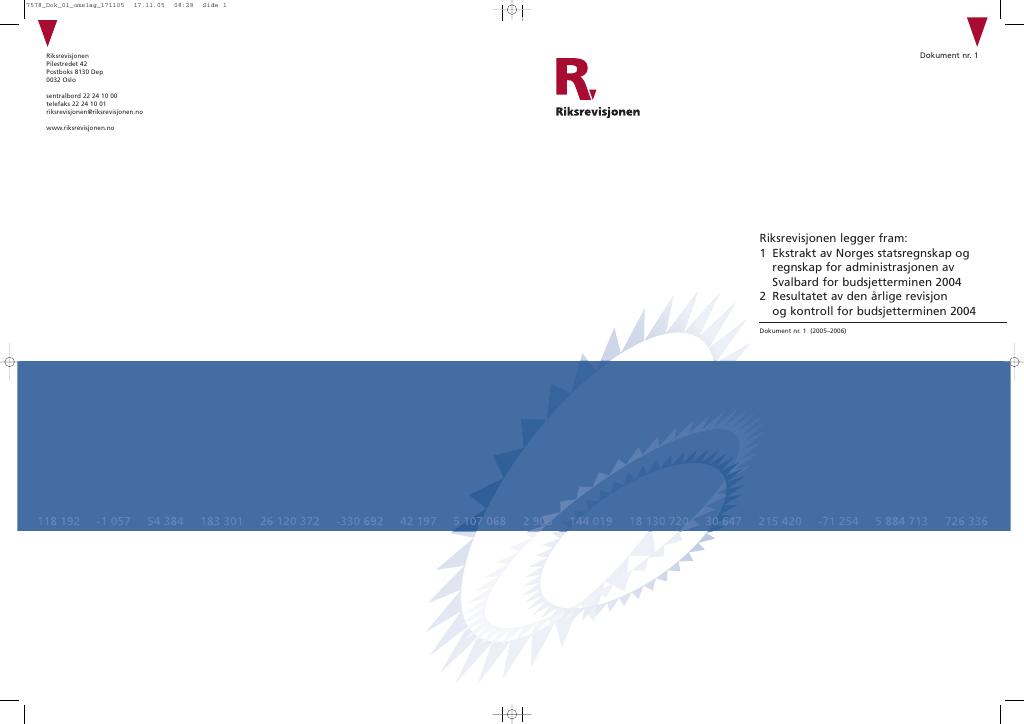 Forsiden av dokumentet Riksrevisjonen legger fram:
1 Ekstrakt av Norges statsregnskap og regnskap for administrasjonen av Svalbard for budsjetterminen 2004, 2 resultatet av den årlige revisjon og kontroll for budsjetterminen 2004