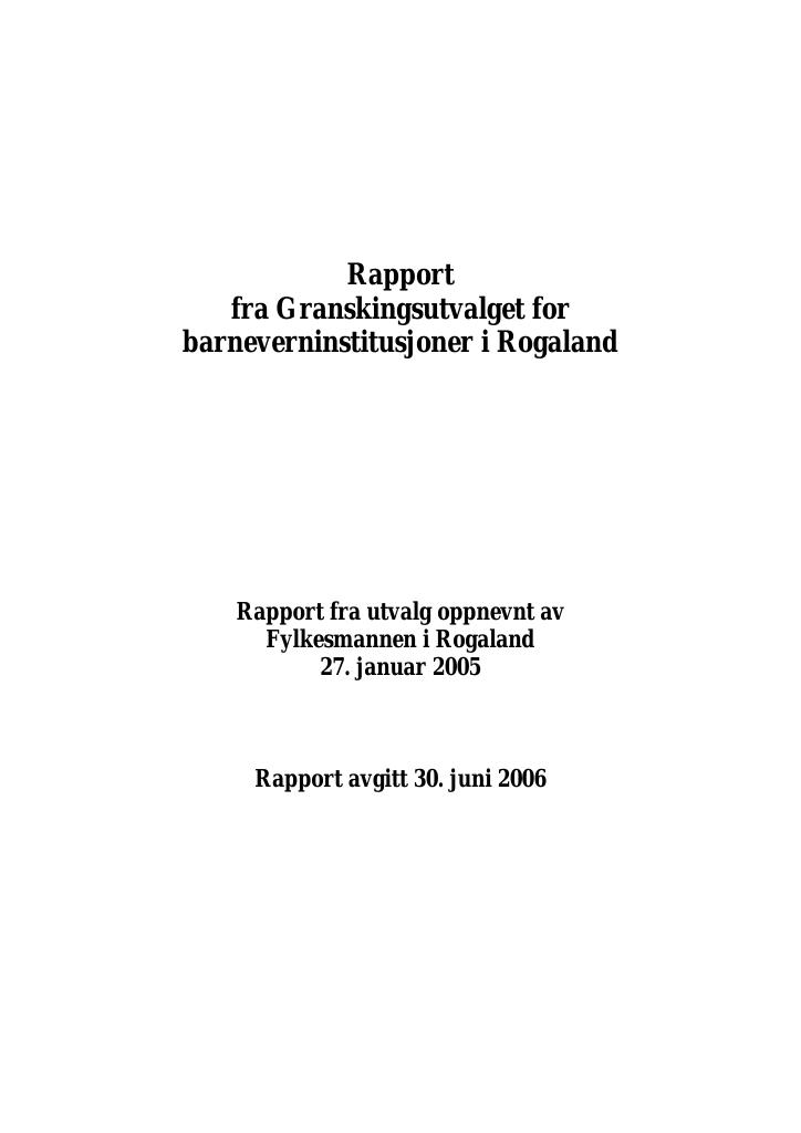 Forsiden av dokumentet Rapport fra Granskingsutvalget for barneverninstitusjoner i Rogaland