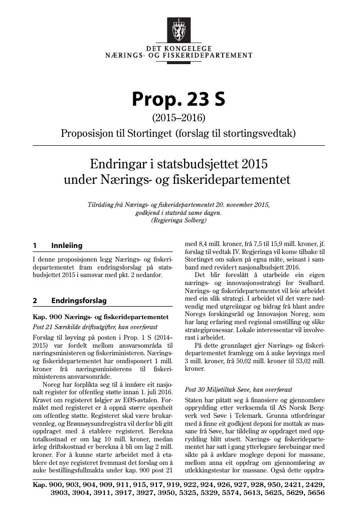 Forsiden av dokumentet Prop. 23 S (2015–2016)