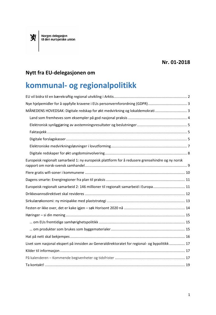 Forsiden av dokumentet Nytt fra EU-delegasjonen om kommunal- og regionalpolitikk (1/2018)