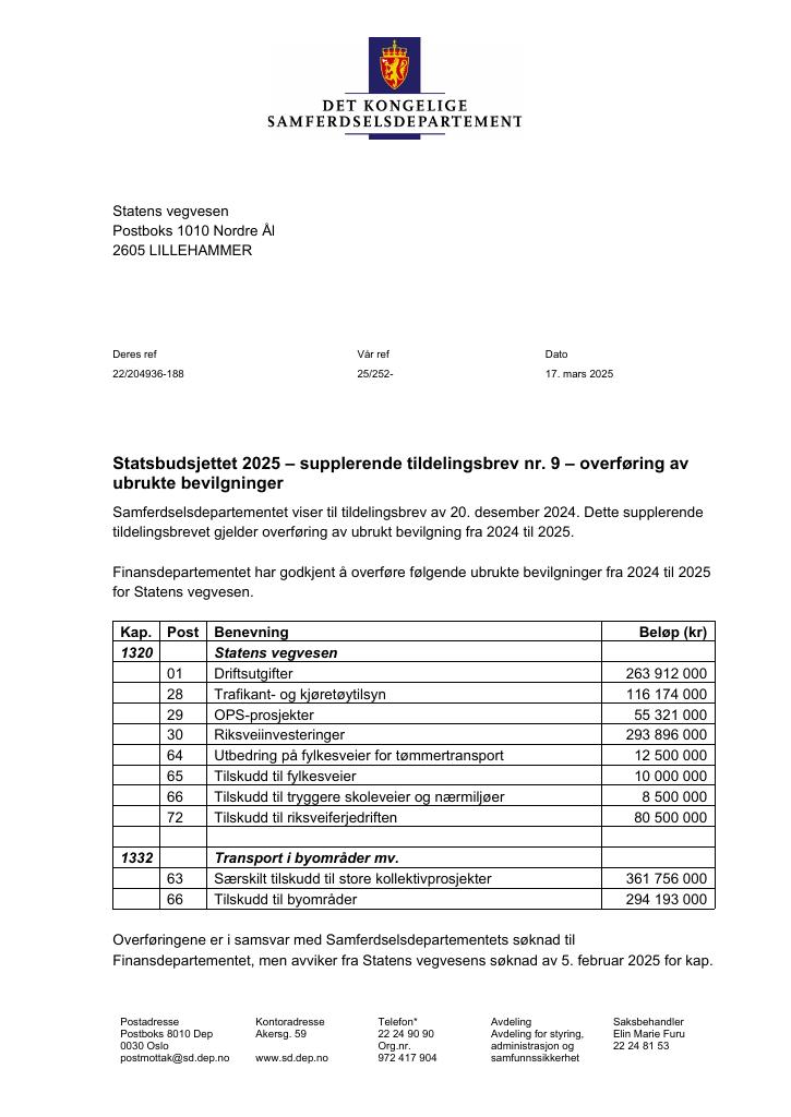 Forsiden av dokumentet Tildelingsbrev Statens vegvesen 2025 - tillegg nr. 9