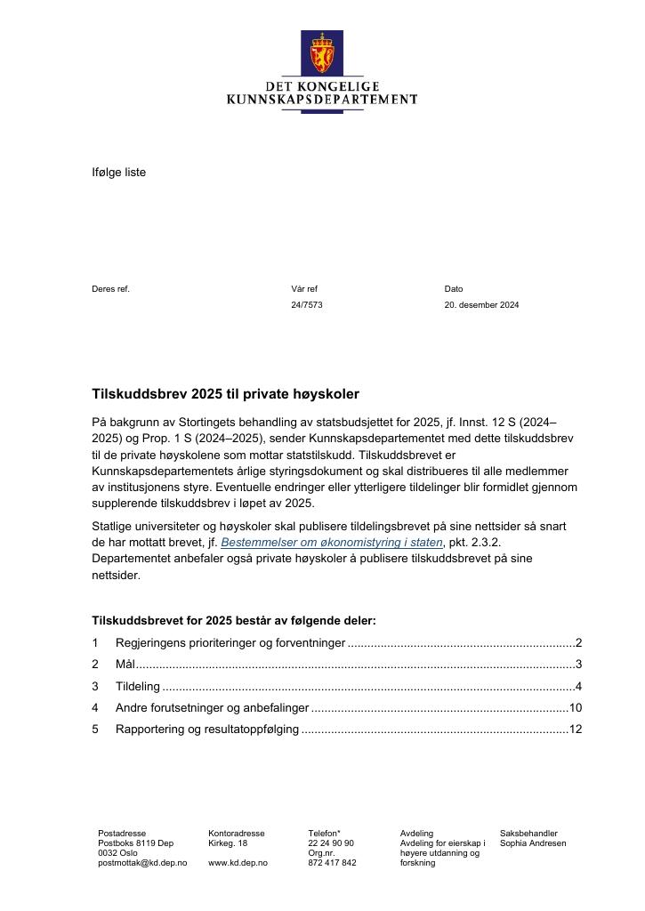 Forsiden av dokumentet Tilskuddsbrev private høyskoler 2025