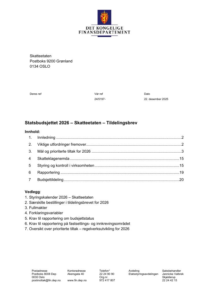 Forsiden av dokumentet Tildelingsbrev Skatteetaten 2026