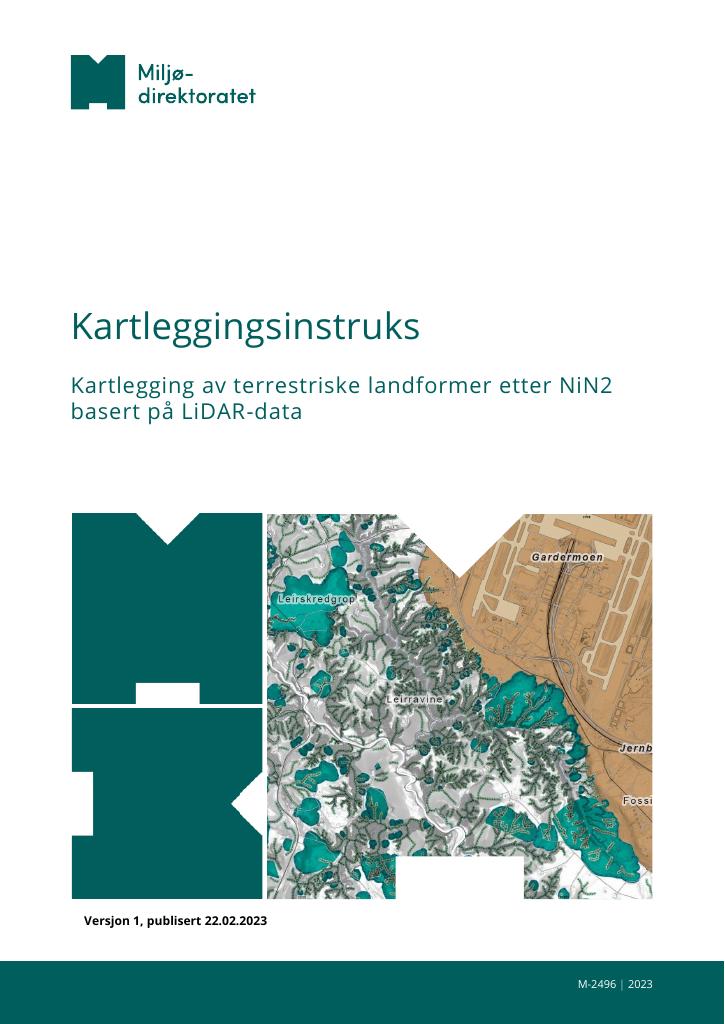 Forsiden av dokumentet Kartleggingsinstruks : kartlegging av terrestriske landformer etter NiN2 basert på LiDAR-data