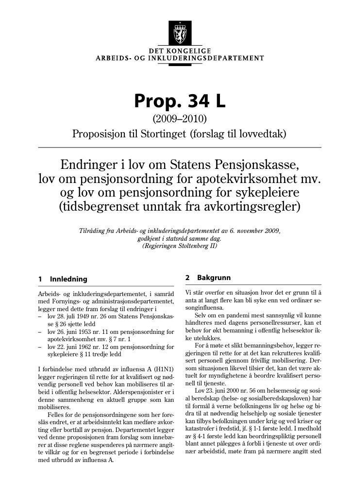 Forsiden av dokumentet Prop. 34 L (2009-2010)