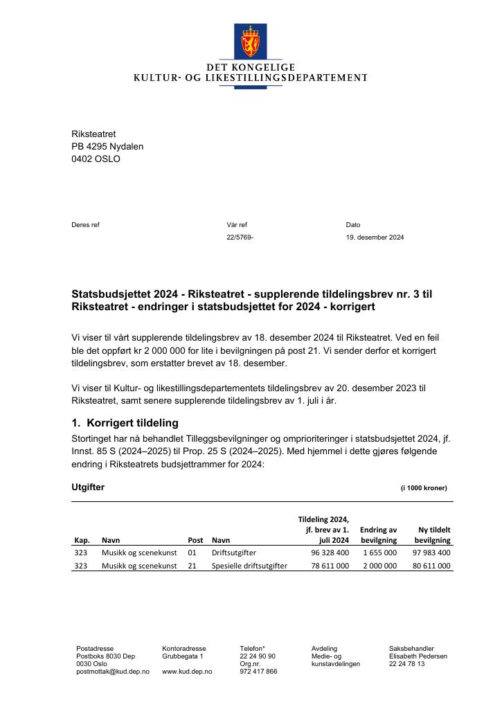 Forsiden av dokumentet Tildelingsbrev Riksteatret 2024 - tillegg nr. 3