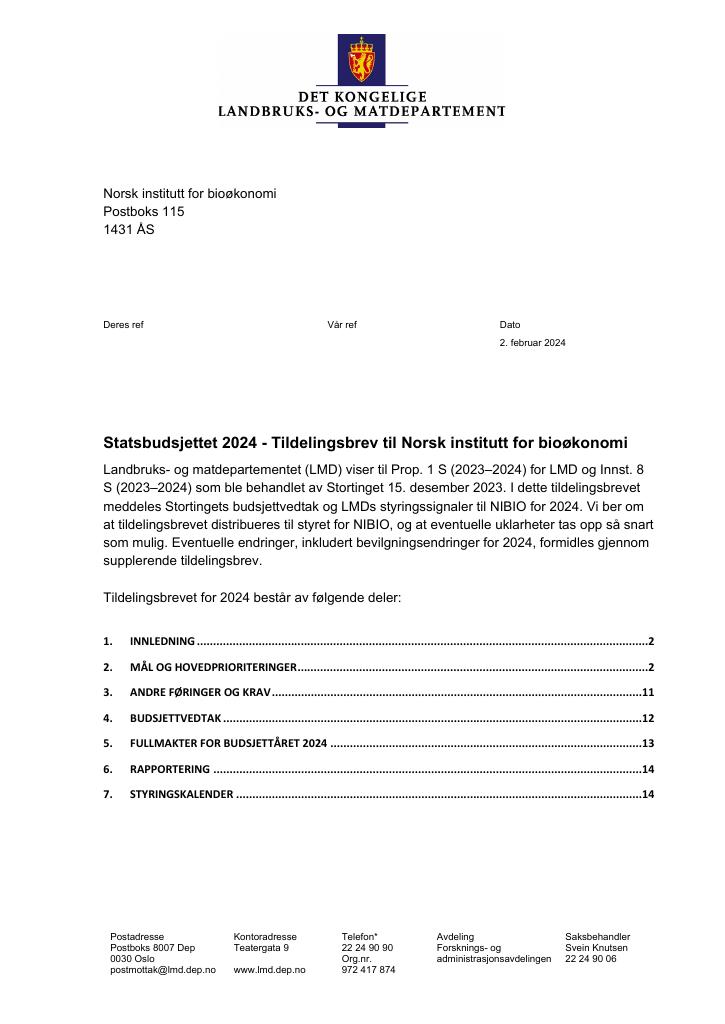 Forsiden av dokumentet Tildelingsbrev Norsk institutt for bioøkonomi - NIBIO 2024
