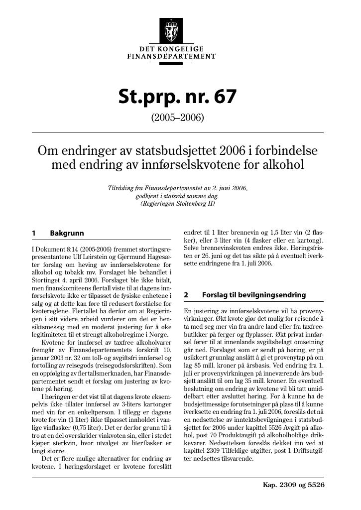 Forsiden av dokumentet St.prp. nr. 67 (2005-2006)