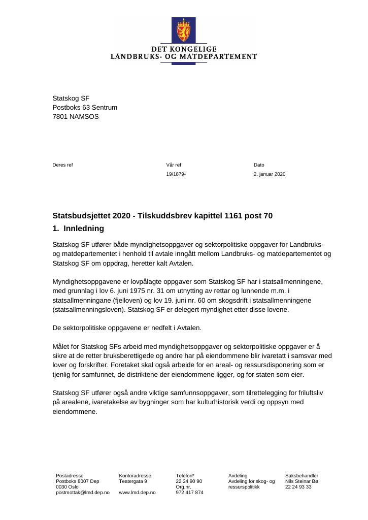 Forsiden av dokumentet Tilskuddsbrev 2020 kap. 1161 post 70