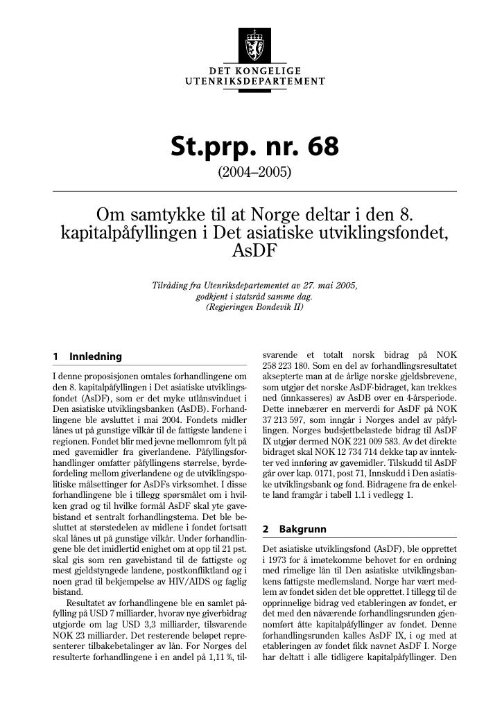 Forsiden av dokumentet St.prp. nr. 68 (2004-2005)