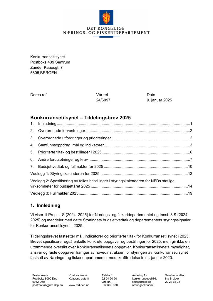 Forsiden av dokumentet Tildelingsbrev Konkurransetilsynet 2025