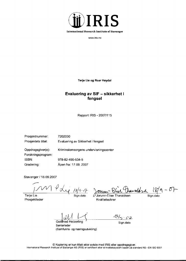 Forsiden av dokumentet Evaluering av SIF - sikkerhet i fengsel