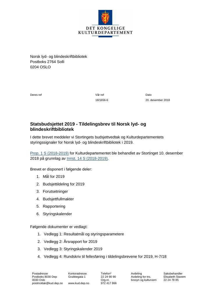 Forsiden av dokumentet Tildelingsbrev Norsk lyd- og blindeskriftbibliotek 2019