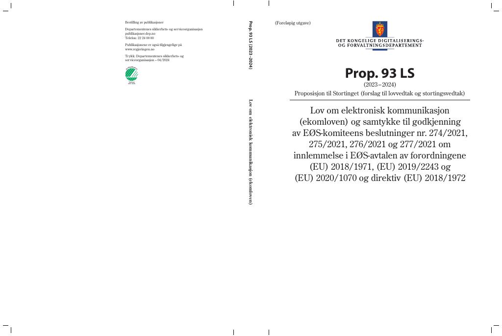 Forsiden av dokumentet Prop. 93 LS (2023–2024)