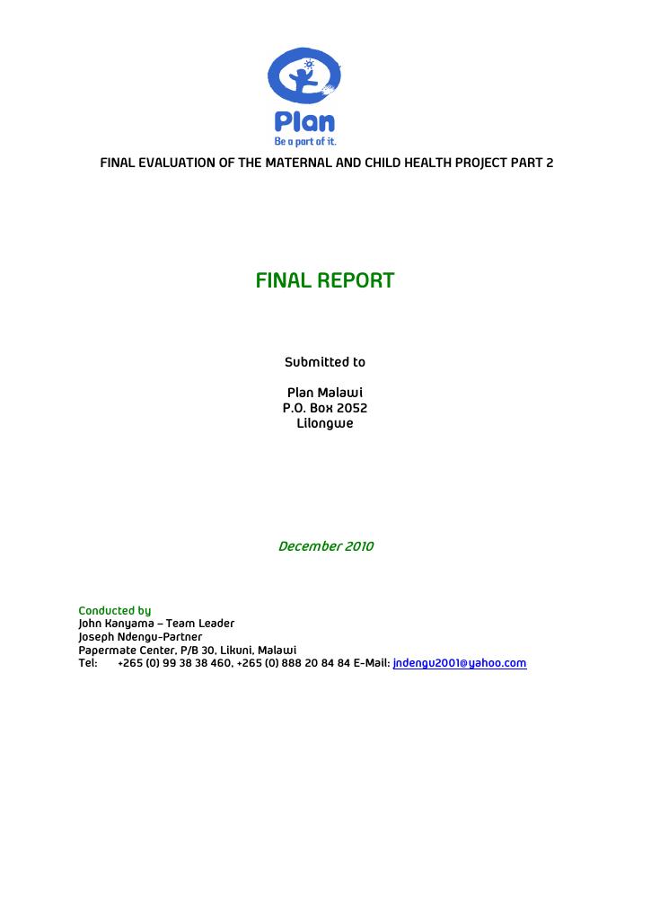 Forsiden av dokumentet Final Evaluation of the Maternal and Child Health Project part 2