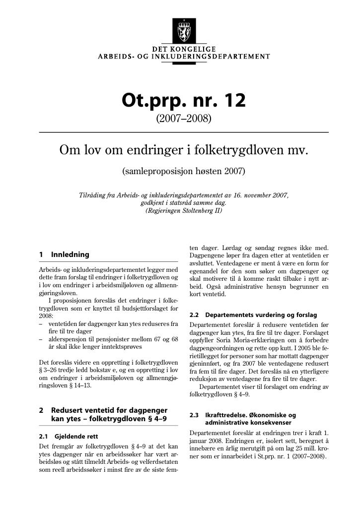 Forsiden av dokumentet Ot.prp. nr. 12 (2007-2008)