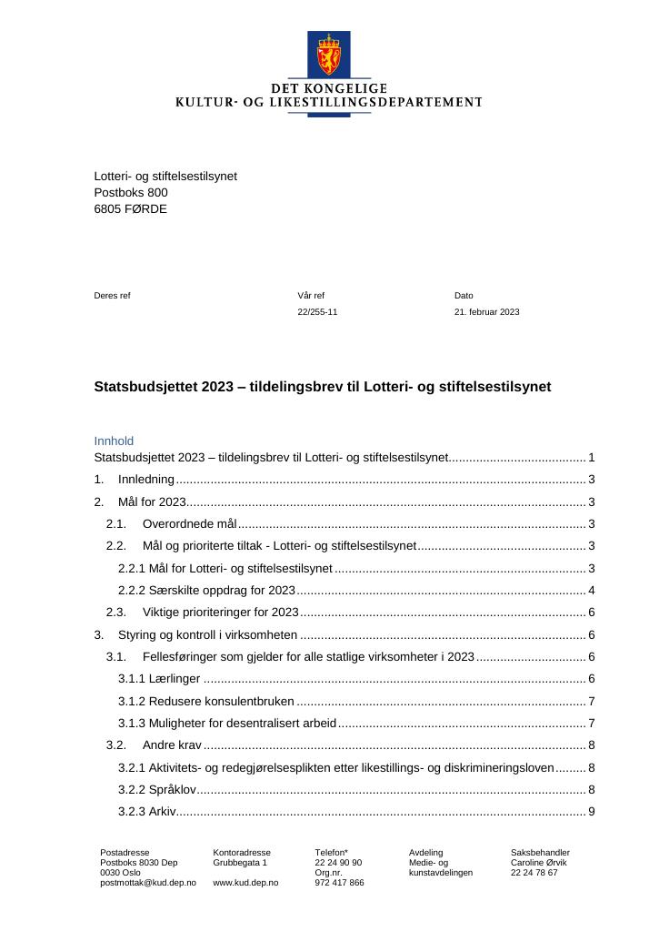 Forsiden av dokumentet Tildelingsbrev Lotteri- og stiftelsestilsynet 2023