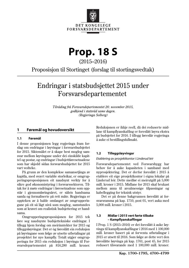 Forsiden av dokumentet Prop. 18 S (2015–2016)