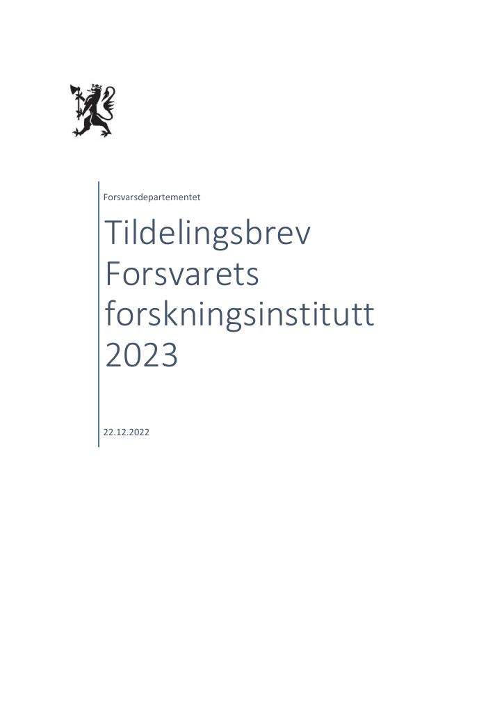 Forsiden av dokumentet Tildelingsbrev Forsvarets forskningsinstitutt 2023