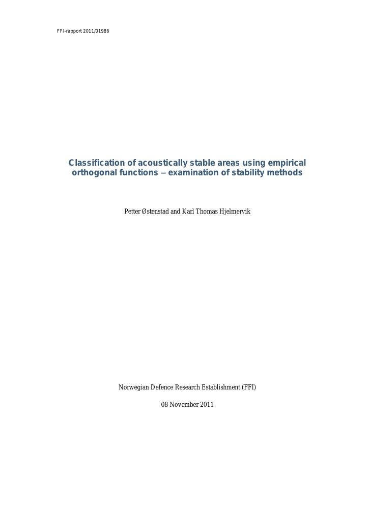 Forsiden av dokumentet Classification of acoustically stable areas using empirical orthogonal functions - examination of stability methods