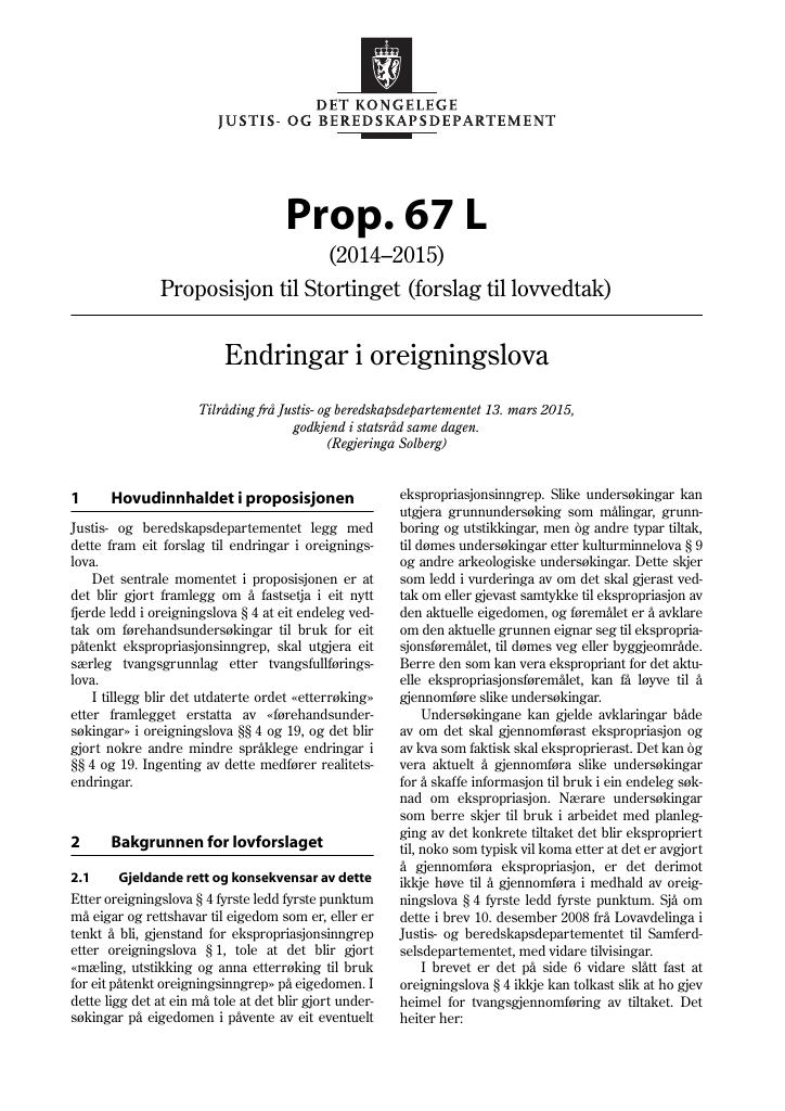 Forsiden av dokumentet Prop. 67 L (2014-2015)