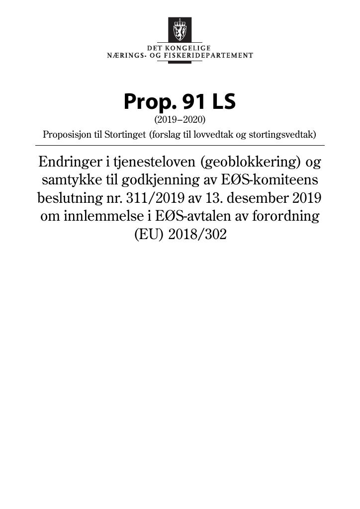 Forsiden av dokumentet Prop. 91 LS (2019–2020)