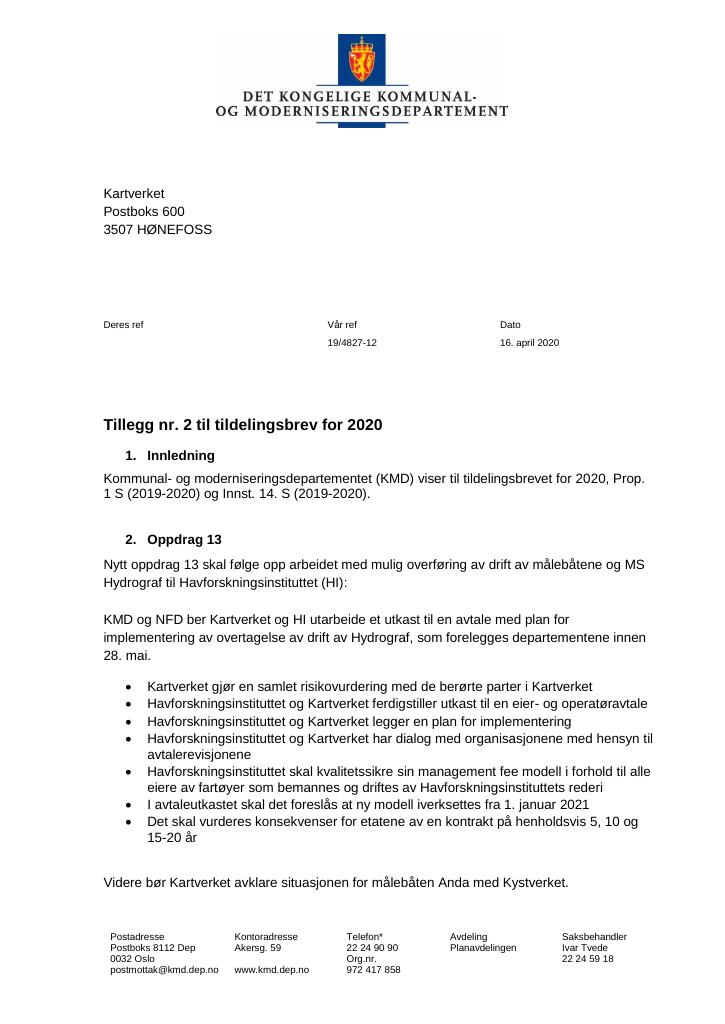 Forsiden av dokumentet Tildelingsbrev Kartverket 2020 - tillegg nr. 2