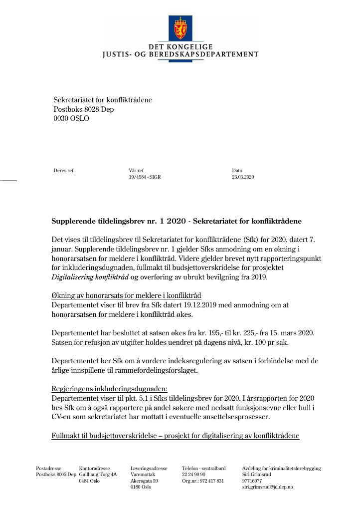 Forsiden av dokumentet Tildelingsbrev Sekretariatet for konfliktrådene 2020 - tillegg nr. 1