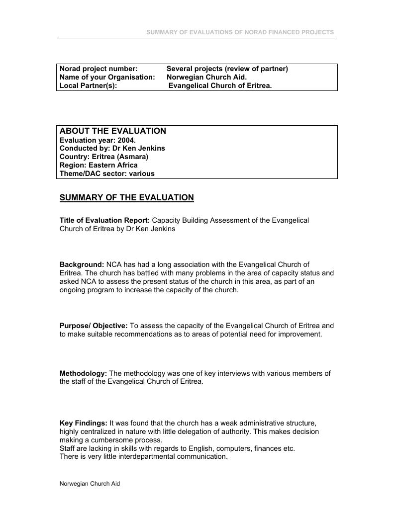 Forsiden av dokumentet Capacity Building Assessment of the Evangelical Church of Eritrea