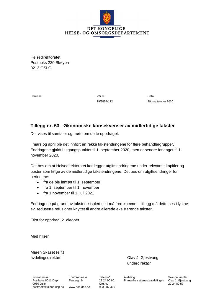 Forsiden av dokumentet Tildelingsbrev Helsedirektoratet 2020 -  tillegg nr. 53